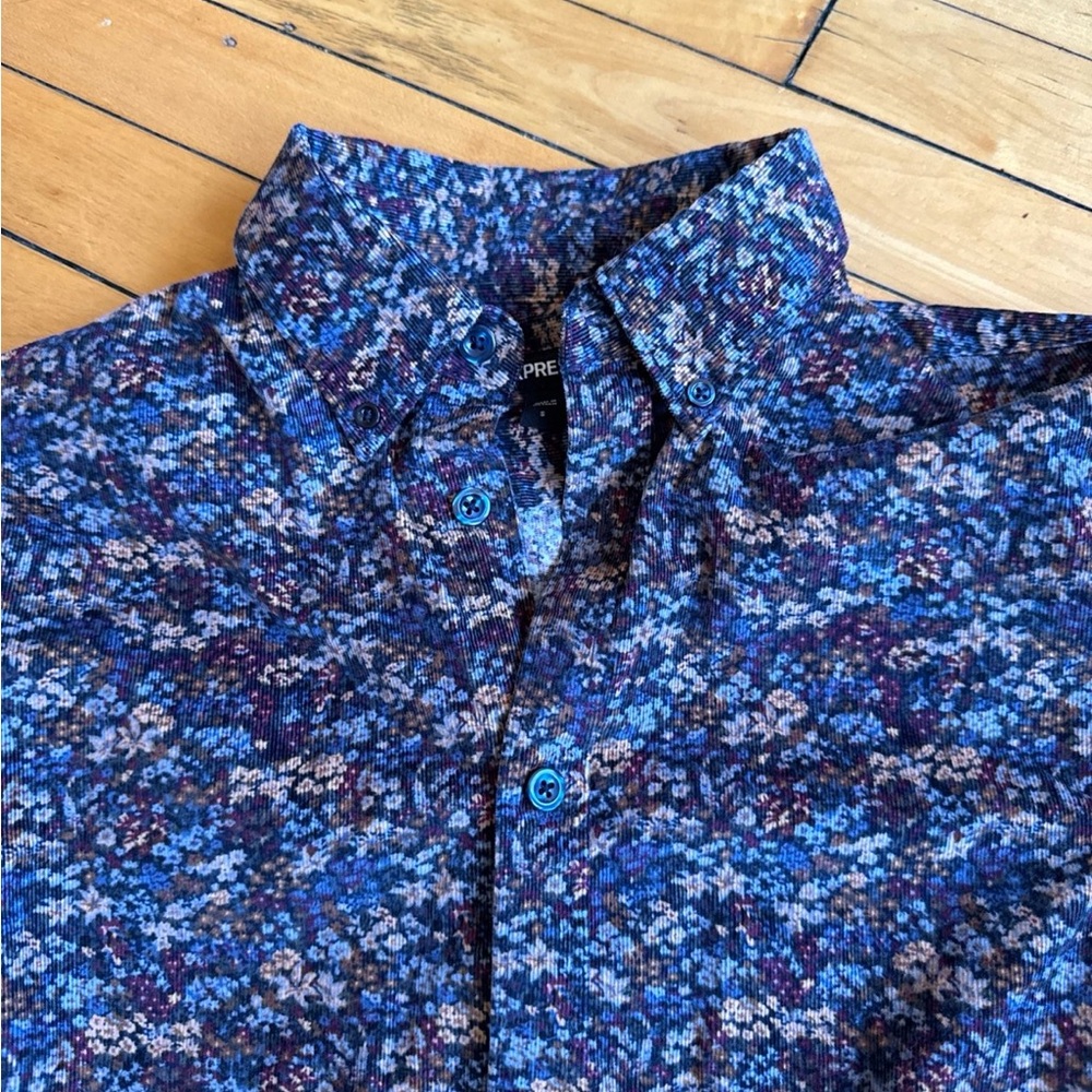 Express Unisex Blue and Navy Floral Button-Down Shirt